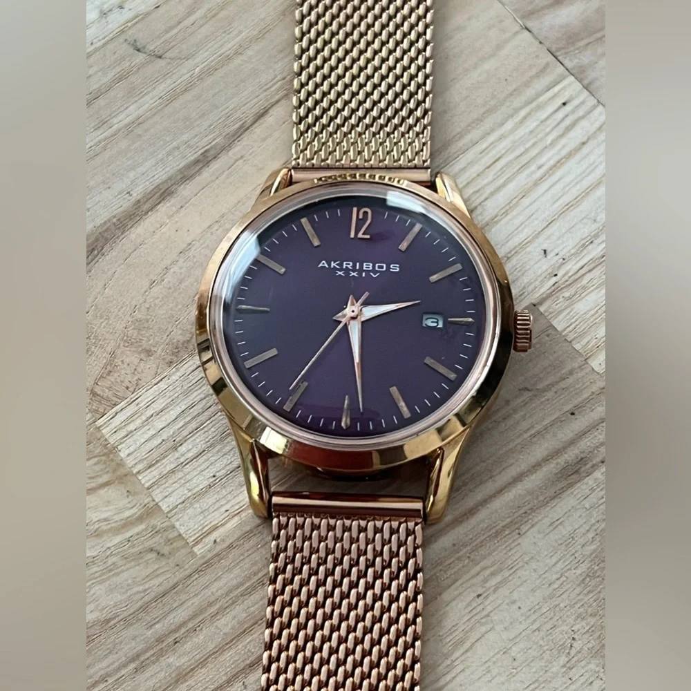 AKRIBOS XXIV Ladies Watch Rose Gold Mesh Bracelet Purple Dial Date Window